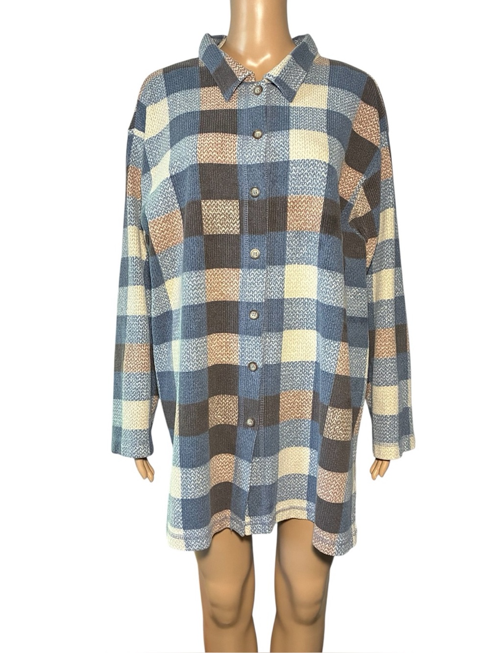Avenue Women's Plaid Shacket 2X Plaid Button Down Long Sleeve Waffle Knit Slits